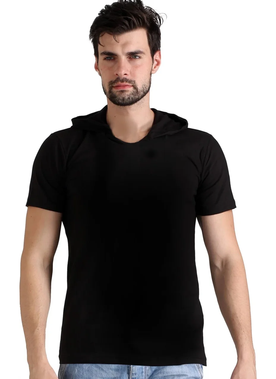 Rock&Roll Plain Unprinted Basic Black Hooded Short Sleeve Men's T-Shirt