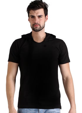Rock&Roll Plain Unprinted Basic Black Hooded Short Sleeve Men's T-Shirt  - Image 1