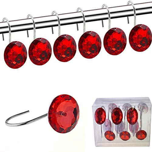 FINROS YUYIKES Shower Curtain Hooks Diamond Shape Shower Rings/Round Acrylic Decorative Rhinestones Bling Rolling Bathroom Bath Set of 12 Rings - Image 1
