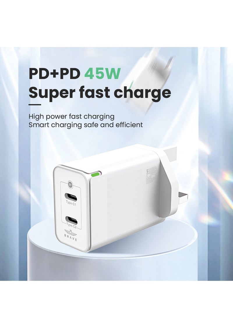 Brave - PD 45W GaN Charger USB C Power Adapter Dual Type C Power Adapter Included USB C to Lightning Cable Compatible with iPhone 15/14/13/12 Series, Samsung S23 UK Plug - Image 1