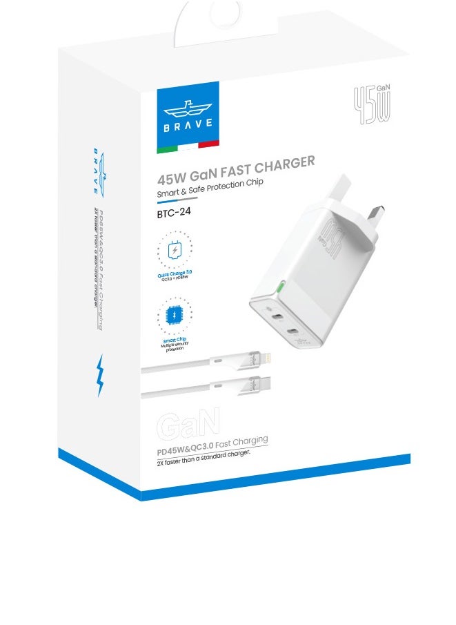 Brave - PD 45W GaN Charger USB C Power Adapter Dual Type C Power Adapter Included USB C to Lightning Cable Compatible with iPhone 15/14/13/12 Series, Samsung S23 UK Plug - Image 1