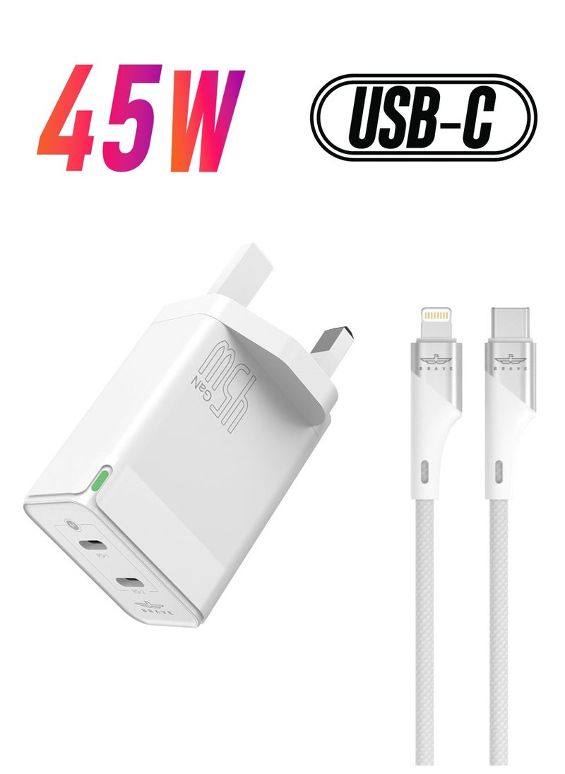 Brave - PD 45W GaN Charger USB C Power Adapter Dual Type C Power Adapter Included USB C to Lightning Cable Compatible with iPhone 15/14/13/12 Series, Samsung S23 UK Plug - Image 1