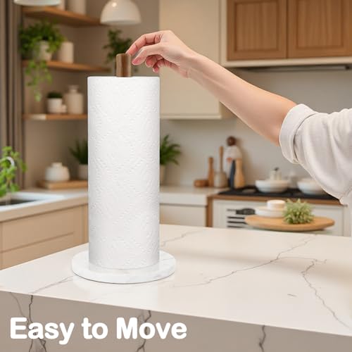 Buruis Wood Paper Towel Holder, Marble Base Modern Decorative Countertop Standing Rolls Holder for Kitchen, Toilet, Pantry and Bathroom (Marble Base White) - Image 5