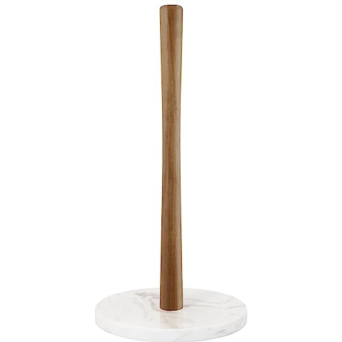 Buruis Wood Paper Towel Holder, Marble Base Modern Decorative Countertop Standing Rolls Holder for Kitchen, Toilet, Pantry and Bathroom (Marble Base White) - Image 1