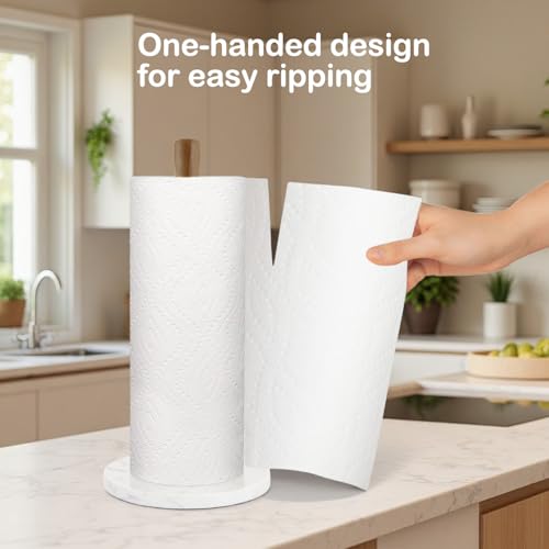Buruis Wood Paper Towel Holder, Marble Base Modern Decorative Countertop Standing Rolls Holder for Kitchen, Toilet, Pantry and Bathroom (Marble Base White) - Image 4