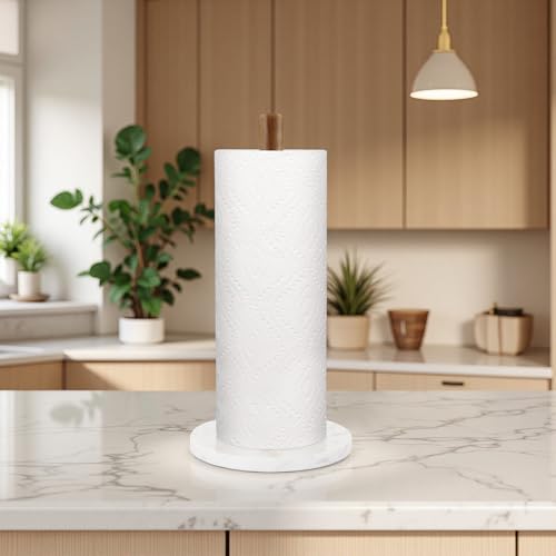 Buruis Wood Paper Towel Holder, Marble Base Modern Decorative Countertop Standing Rolls Holder for Kitchen, Toilet, Pantry and Bathroom (Marble Base White) - Image 2