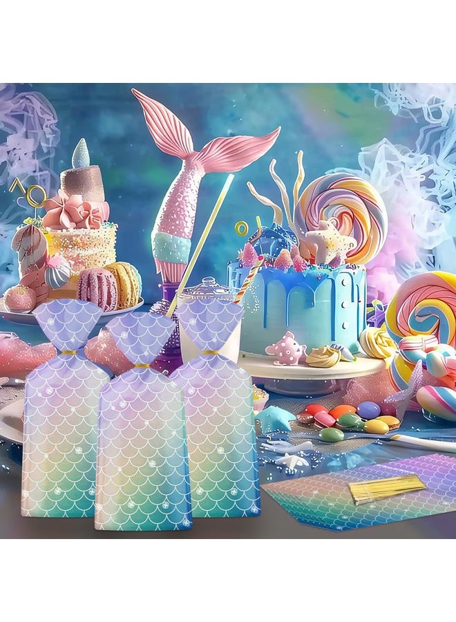 Litmitfu 50 Pack Mermaid Goodie Bags - Ocean Mermaid Party Favor Bags, Little Mermaid Cello Cellophane Gift Candy Treat Bags with 50Pcs Twist Ties for Kids Girls Mermaid Themed Birthday Party Supplies Favors - Image 2