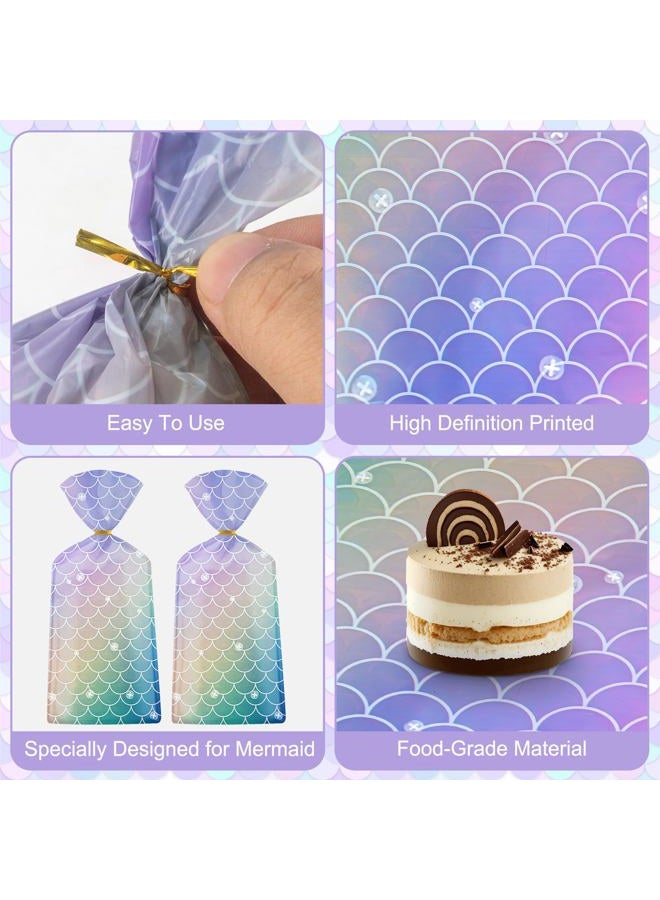Litmitfu 50 Pack Mermaid Goodie Bags - Ocean Mermaid Party Favor Bags, Little Mermaid Cello Cellophane Gift Candy Treat Bags with 50Pcs Twist Ties for Kids Girls Mermaid Themed Birthday Party Supplies Favors - Image 5