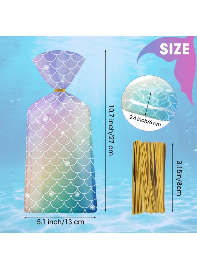 Litmitfu 50 Pack Mermaid Goodie Bags - Ocean Mermaid Party Favor Bags, Little Mermaid Cello Cellophane Gift Candy Treat Bags with 50Pcs Twist Ties for Kids Girls Mermaid Themed Birthday Party Supplies Favors - Image 4