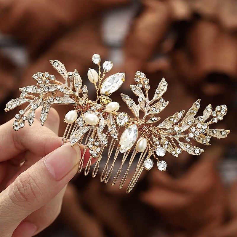 Foyte Crystal Bride Wedding Hair Comb Leaf Bridal Headpieces Rhinestone Hair Pieces Pearl Bridesmaid Side Combs Hair Accessories for Women rhinestone