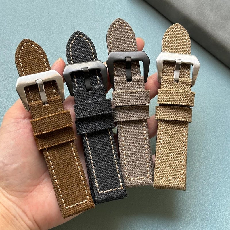 Bluejw Stock Ready Vintage Fabric Watch Band 24mm – Distressed Washed Canvas Replacement Strap for Men Compatible with Panerai Watches (Fits 22mm Lugs) - Image 2