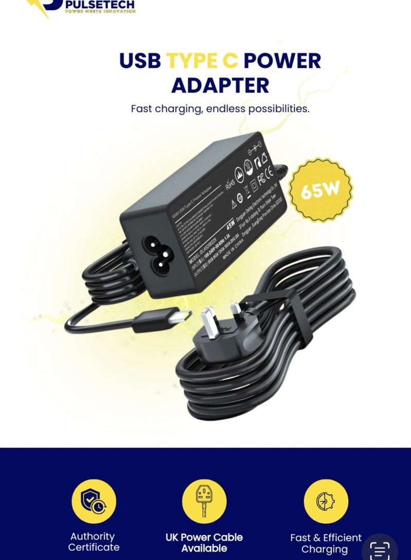 PULSETECH 65W USB Type-C Power Adapter for Lenovo, Dell, Samsung, HP Chromebooks & USB-C Laptops, AC Charger with Overcurrent and Overvoltage Protection - Image 2