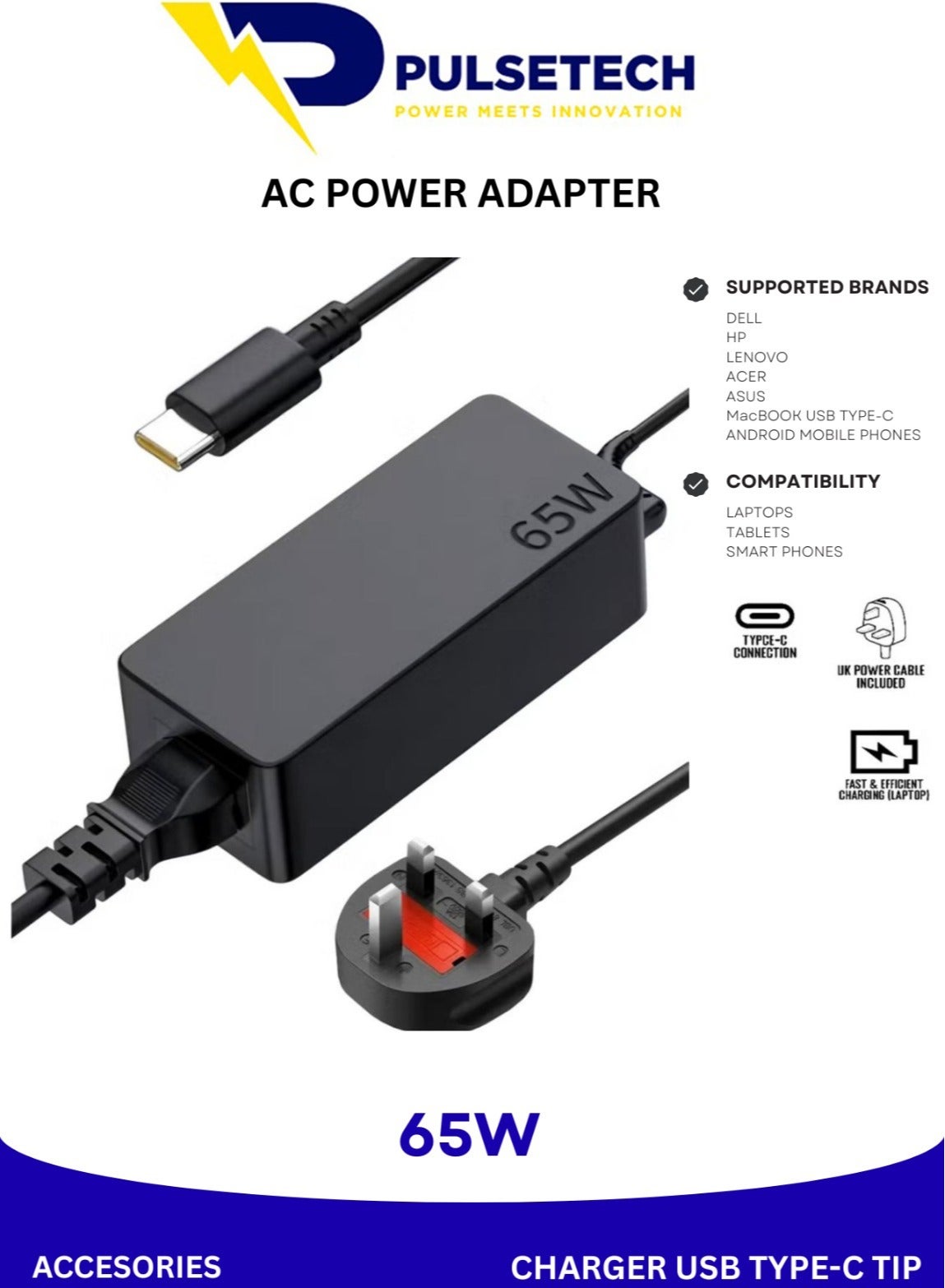 65W USB Type-C Power Adapter for Lenovo, Dell, Samsung, HP Chromebooks & USB-C Laptops, AC Charger with Overcurrent and Overvoltage Protection