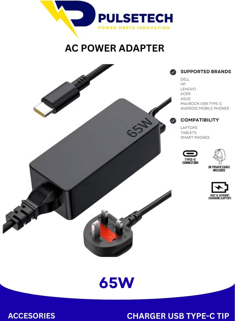 PULSETECH 65W USB Type-C Power Adapter for Lenovo, Dell, Samsung, HP Chromebooks & USB-C Laptops, AC Charger with Overcurrent and Overvoltage Protection - Image 1