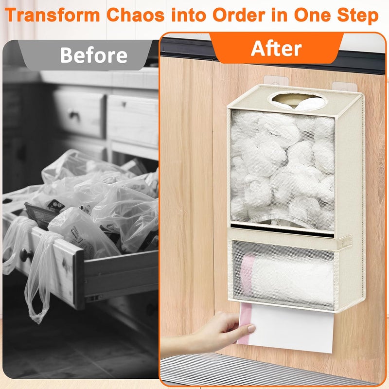 Spaclear Plastic Bag Holder - Large Wall Mount Grocery Bag Holder & Dispenser for Home Kitchen, 2-in-1 Space-Saving Durable Organizer House Necessities, Beige - Image 3