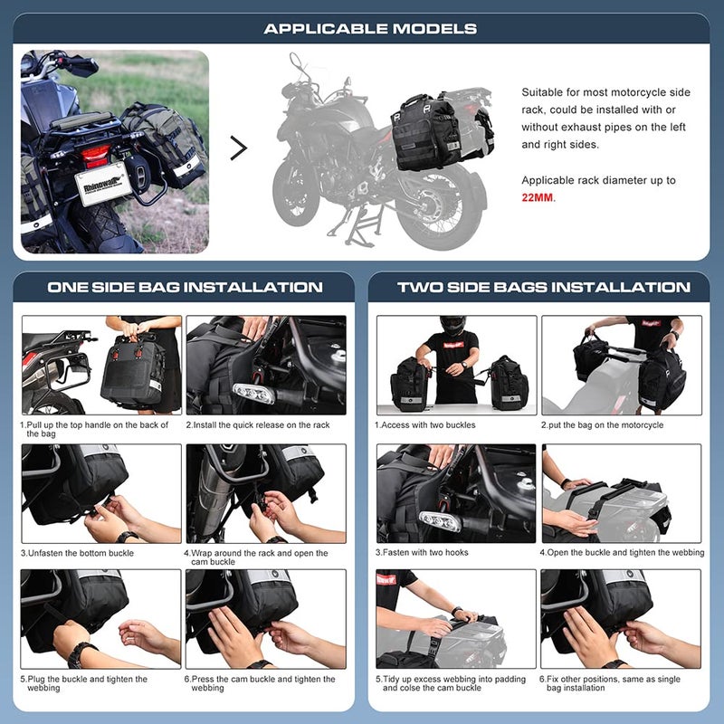 Rhinowalk Motorcycle Saddlebag Waterproof Motor Luggage Pack Quick Release Motorbike Side Bag 20L Fits Most Adventure and Sports Bike Motorcycle Racks(Black, 1 Pack) - Image 5
