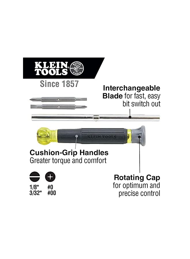 Klein Tools 32581 4 In 1 Electronics Screwdriver Set With Precision Machines Bits: 2 Slotted 2 Phillips And Cushion Grip Handles 4 Piece - Image 2