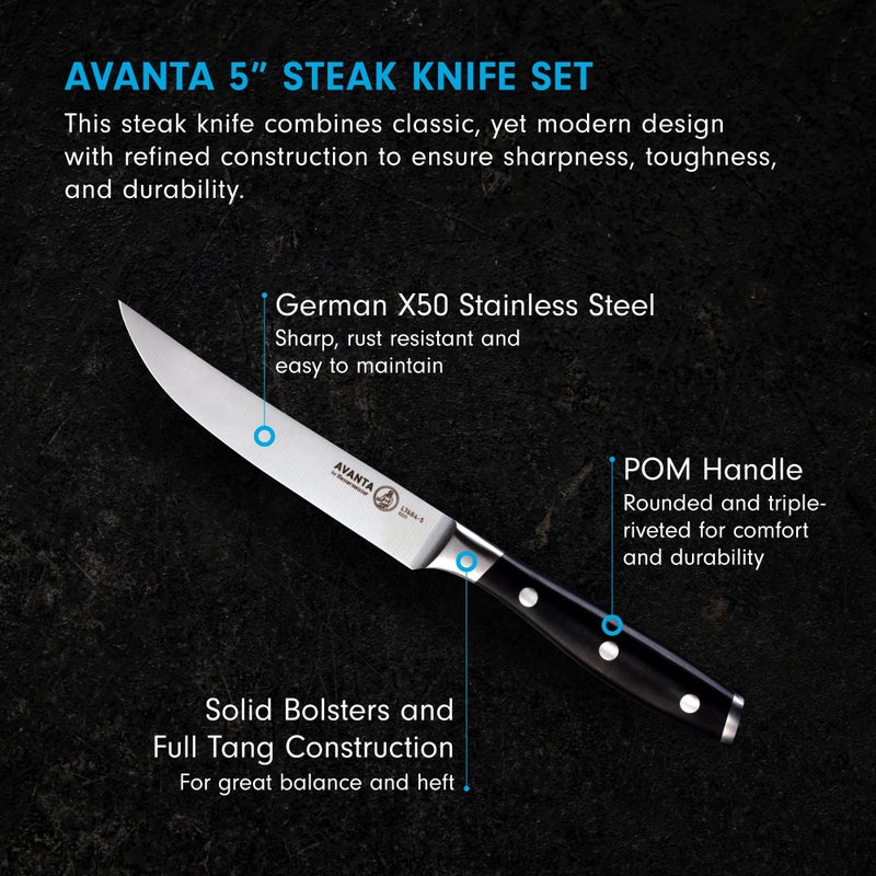Messermeister Avanta 5â€ Fine Edge Steak Knife Set - German X50 Stainless Steel - Rust Resistant & Easy to Maintain - Includes 4 Steak Knives - Image 2