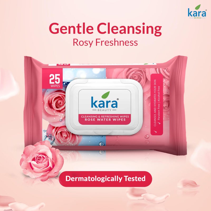 Kara مناديل الوجه المبللة بماء الورد كارا - 25 سحب | تنظيف وانتعاش | للحصول على إشراقة طبيعية | عبوة من 6 (150 قطعة) - Image 2