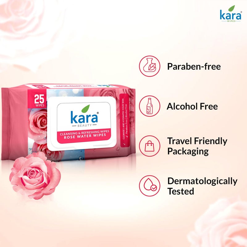 Kara مناديل الوجه المبللة بماء الورد كارا - 25 سحب | تنظيف وانتعاش | للحصول على إشراقة طبيعية | عبوة من 6 (150 قطعة) - Image 5