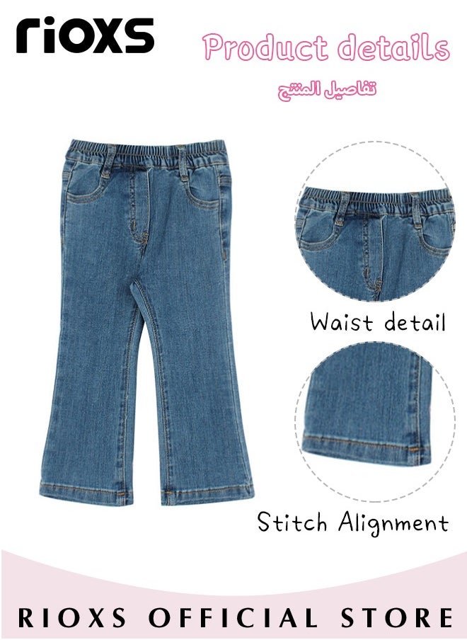 RIOXS - Girls Casual Elastic Waist Denim Pants, Fashionable Bell Bottom Pants, Comfortable Cotton Flared Jean, Ideal for Kids' Daily Activities - Image 1