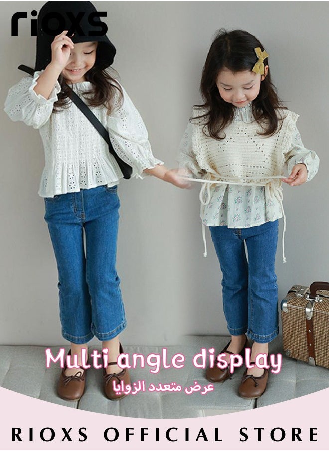RIOXS - Girls Casual Elastic Waist Denim Pants, Fashionable Bell Bottom Pants, Comfortable Cotton Flared Jean, Ideal for Kids' Daily Activities - Image 1