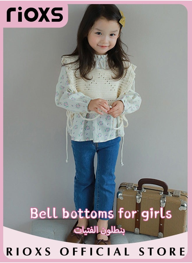 RIOXS - Girls Casual Elastic Waist Denim Pants, Fashionable Bell Bottom Pants, Comfortable Cotton Flared Jean, Ideal for Kids' Daily Activities - Image 1
