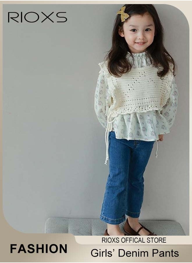 RIOXS - Girls Casual Elastic Waist Denim Pants, Fashionable Bell Bottom Pants, Comfortable Cotton Flared Jean, Ideal for Kids' Daily Activities - Image 1