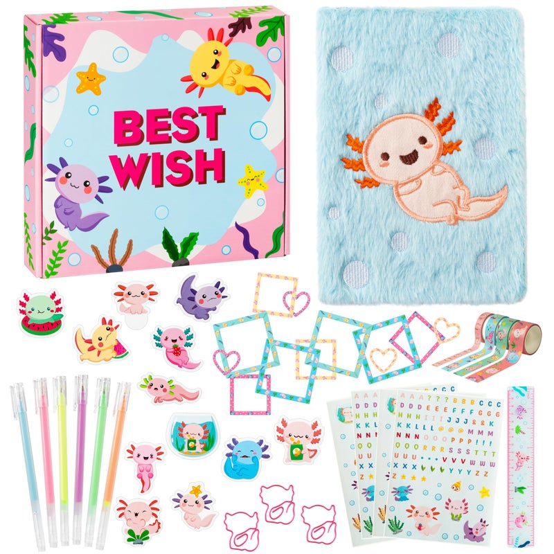 CY2SIDE 44PCS Axolotl DIY Journal Kit Set for Kids Axolotl Plush Scrapbook Diary Journaling Stationery Set for Writing Make Your Own Scrapbook with Crafts Idea Birthday Gifts for Teen Girls DIY Gifts - Image 2