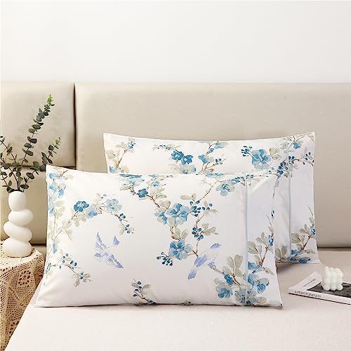 URBONUR 100% Cotton Pillowcases Set of 2 Standard Size Floral Printed Pillow Cases Soft Breathable Cooling Pillowcase Decorative Pillow Cover (Standard, 20x26 Inches, Blue Plum Blossom) - Image 1
