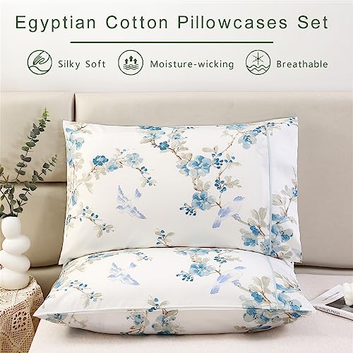URBONUR 100% Cotton Pillowcases Set of 2 Standard Size Floral Printed Pillow Cases Soft Breathable Cooling Pillowcase Decorative Pillow Cover (Standard, 20x26 Inches, Blue Plum Blossom) - Image 2