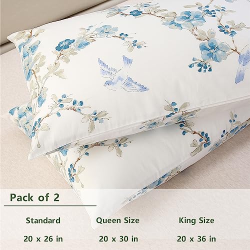 URBONUR 100% Cotton Pillowcases Set of 2 Standard Size Floral Printed Pillow Cases Soft Breathable Cooling Pillowcase Decorative Pillow Cover (Standard, 20x26 Inches, Blue Plum Blossom) - Image 3