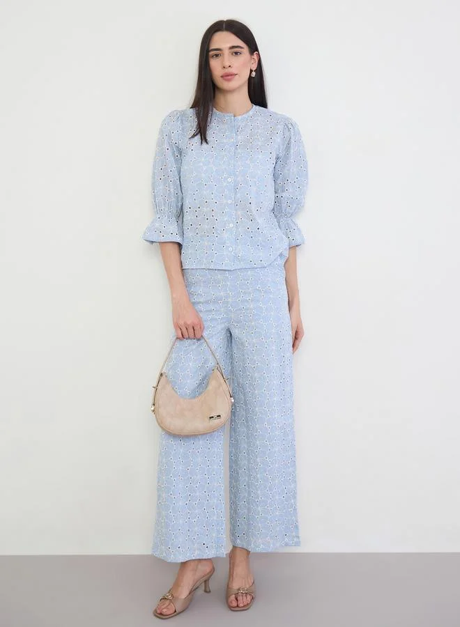 Styli Blue Embroidered Wide Leg Pants