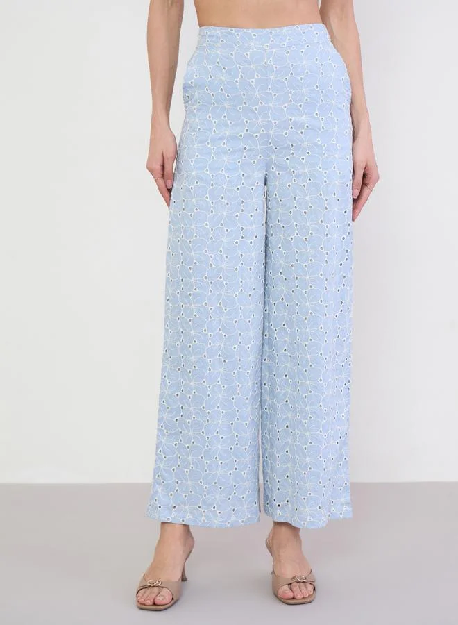 Styli Blue Embroidered Wide Leg Pants