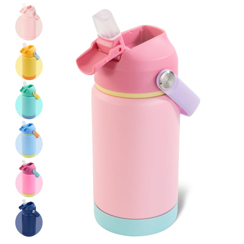 Kerilyn 12oz Insulated Water Bottle, Stainless Steel Insulated Kids Water Bottle, Toddler Cup with Straws Leak-Proof, Kids Water Bottles for School Boys Girls, BPA Free, Charm Pink - Image 1