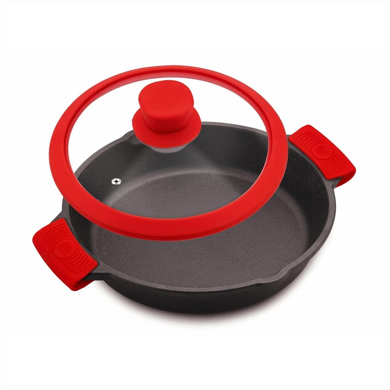 THE CHEF STORY The Chef Story Throwback Series Cast Iron Skillet 26cm PreSeasoned 102 Inch 18 Liter Capacity Lifetime Exchange Warranty Unibody Design with no Screw Joints Silicon Sleeves Tempered Glass Rim with Silicon Rim Eco Friendly Induction Gas Electric Solid Plate Radiant Ceramic Halogen Recyclable Iron Toxic Free  - Image 3