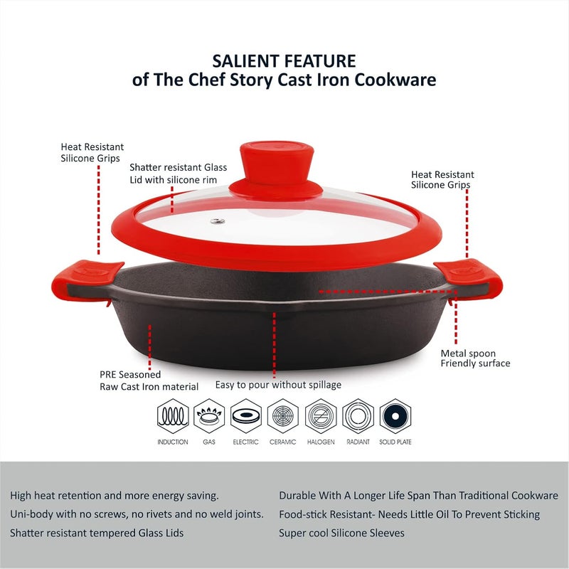 THE CHEF STORY The Chef Story Throwback Series Cast Iron Skillet 26cm PreSeasoned 102 Inch 18 Liter Capacity Lifetime Exchange Warranty Unibody Design with no Screw Joints Silicon Sleeves Tempered Glass Rim with Silicon Rim Eco Friendly Induction Gas Electric Solid Plate Radiant Ceramic Halogen Recyclable Iron Toxic Free  - Image 4