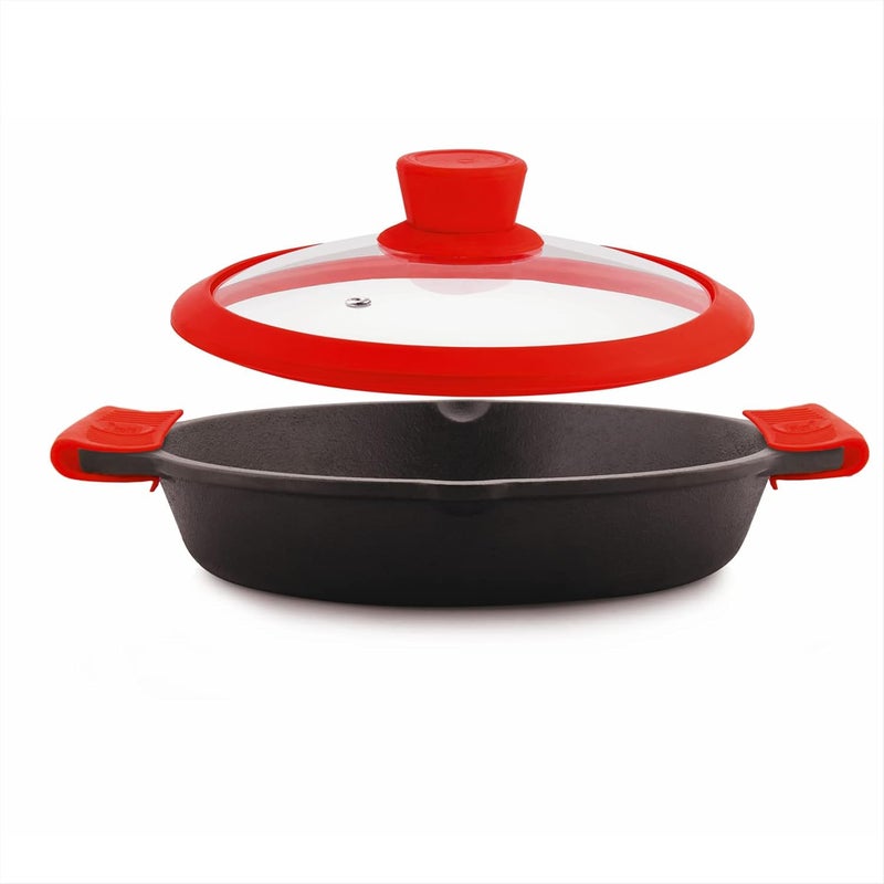 THE CHEF STORY The Chef Story Throwback Series Cast Iron Skillet 26cm PreSeasoned 102 Inch 18 Liter Capacity Lifetime Exchange Warranty Unibody Design with no Screw Joints Silicon Sleeves Tempered Glass Rim with Silicon Rim Eco Friendly Induction Gas Electric Solid Plate Radiant Ceramic Halogen Recyclable Iron Toxic Free  - Image 1