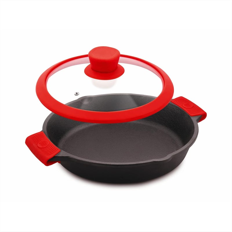 THE CHEF STORY The Chef Story Throwback Series Cast Iron Skillet 26cm PreSeasoned 102 Inch 18 Liter Capacity Lifetime Exchange Warranty Unibody Design with no Screw Joints Silicon Sleeves Tempered Glass Rim with Silicon Rim Eco Friendly Induction Gas Electric Solid Plate Radiant Ceramic Halogen Recyclable Iron Toxic Free  - Image 2