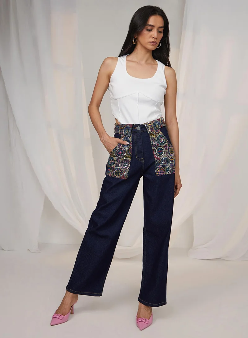 PINACOLADA Women's Dark Blue Embroidered Patch Denim Jeans For Casual Wear | Mid-Rise | Dark-Wash | Button Closure | Denim Jeans Designed With Comfortable Fit For Woman & Girls