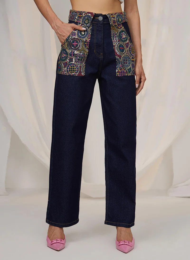 PINACOLADA Women's Dark Blue Embroidered Patch Denim Jeans For Casual Wear | Mid-Rise | Dark-Wash | Button Closure | Denim Jeans Designed With Comfortable Fit For Woman & Girls