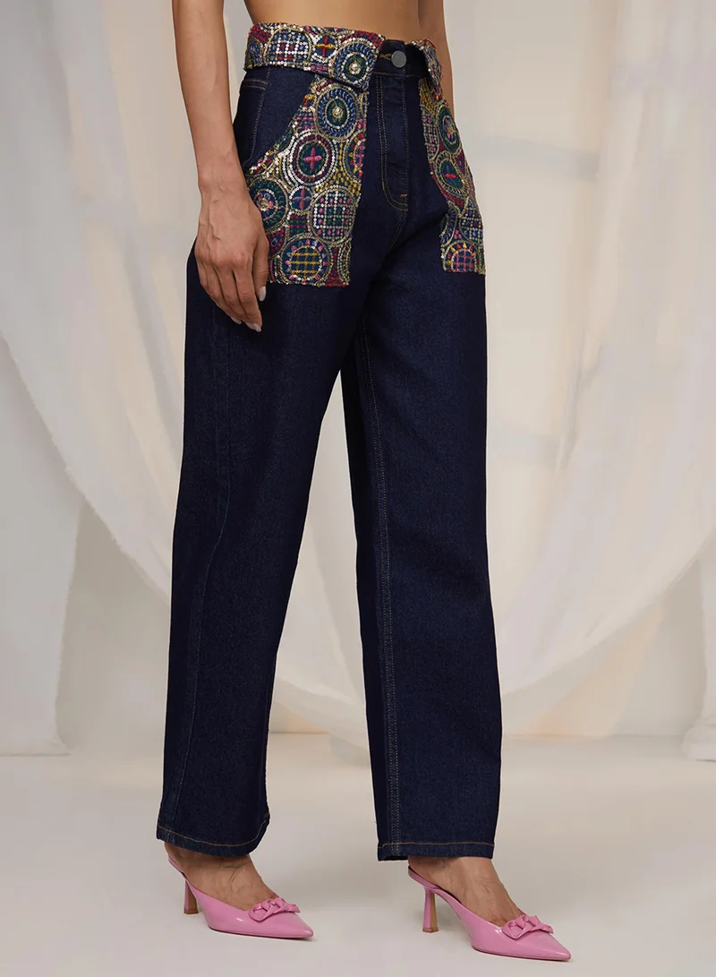 PINACOLADA Women's Dark Blue Embroidered Patch Denim Jeans For Casual Wear | Mid-Rise | Dark-Wash | Button Closure | Denim Jeans Designed With Comfortable Fit For Woman & Girls