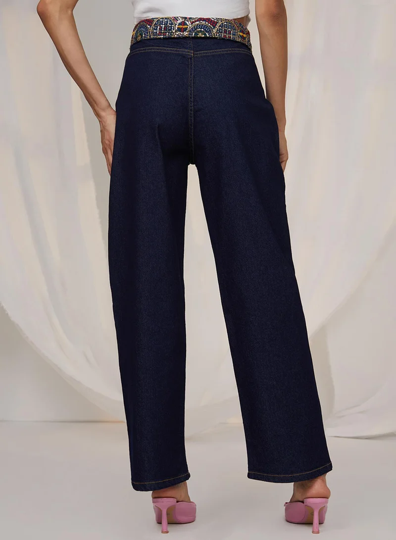 PINACOLADA Women's Dark Blue Embroidered Patch Denim Jeans For Casual Wear | Mid-Rise | Dark-Wash | Button Closure | Denim Jeans Designed With Comfortable Fit For Woman & Girls