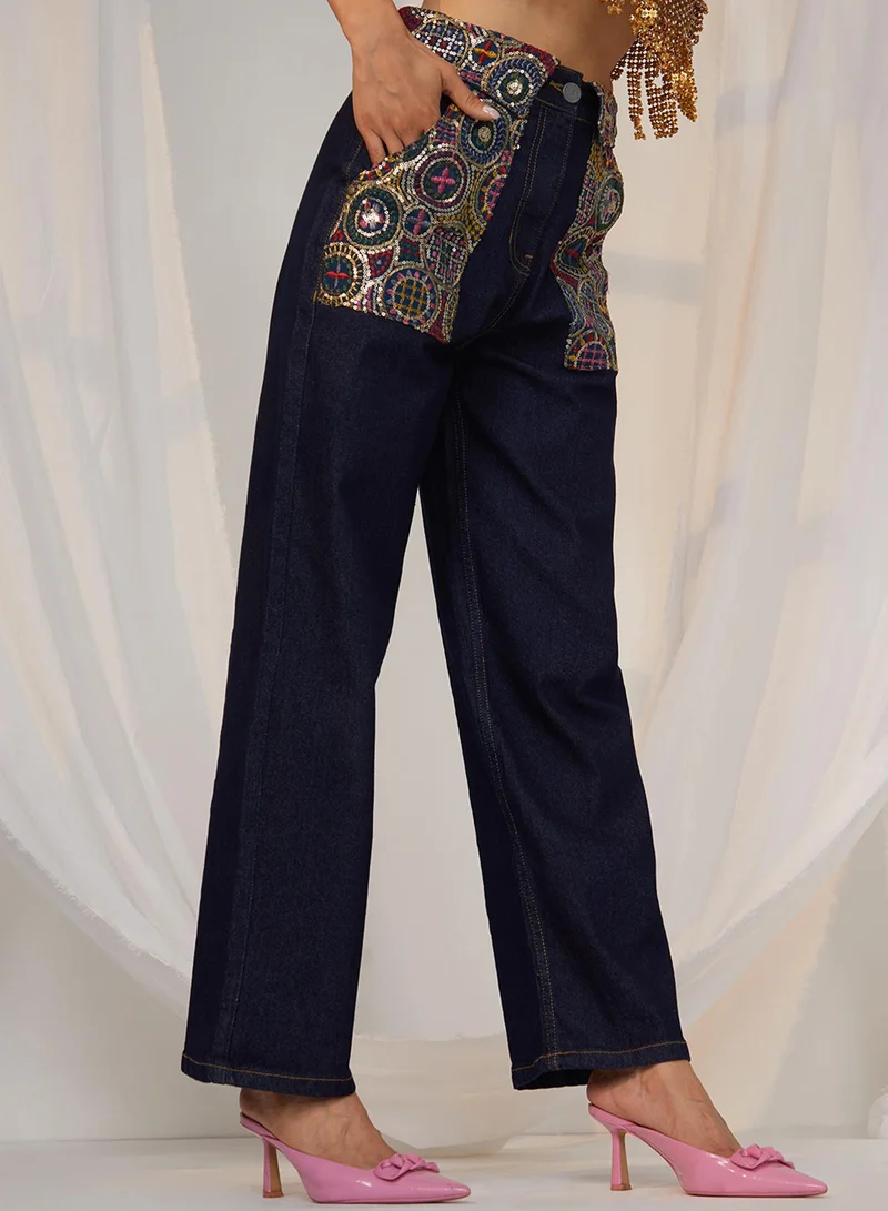 PINACOLADA Women's Dark Blue Embroidered Patch Denim Jeans For Casual Wear | Mid-Rise | Dark-Wash | Button Closure | Denim Jeans Designed With Comfortable Fit For Woman & Girls