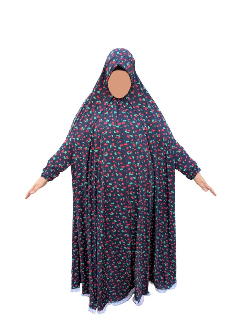 Women’s Prayer Khimar with Long Sleeves | Cotton & Lycra Fabric | Prayer Cover | Cherry Pattern Design - Image 4