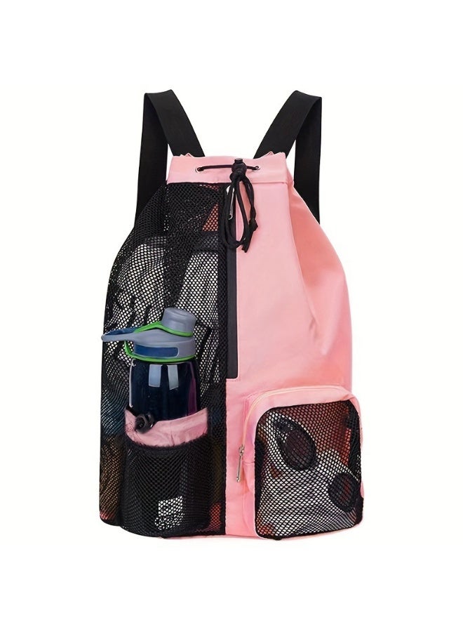 Pink Swimming Mesh Drawstring Backpack with Wet Bag, 48*29*15cm (Images 2-5 show details) - Image 1
