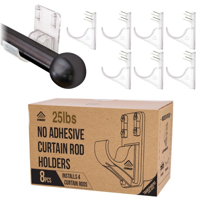 Evermount No Adhesive Heavy Duty Curtain Rod Holders with Wide Hook, 5X Stronger Than Adhesive Curtain Rod Hooks,Tension Curtain Rod Bracket for Wall with Pin Guide, Curtain Wall Mount (8 Pack, for 1.25" Rods) - Image 1