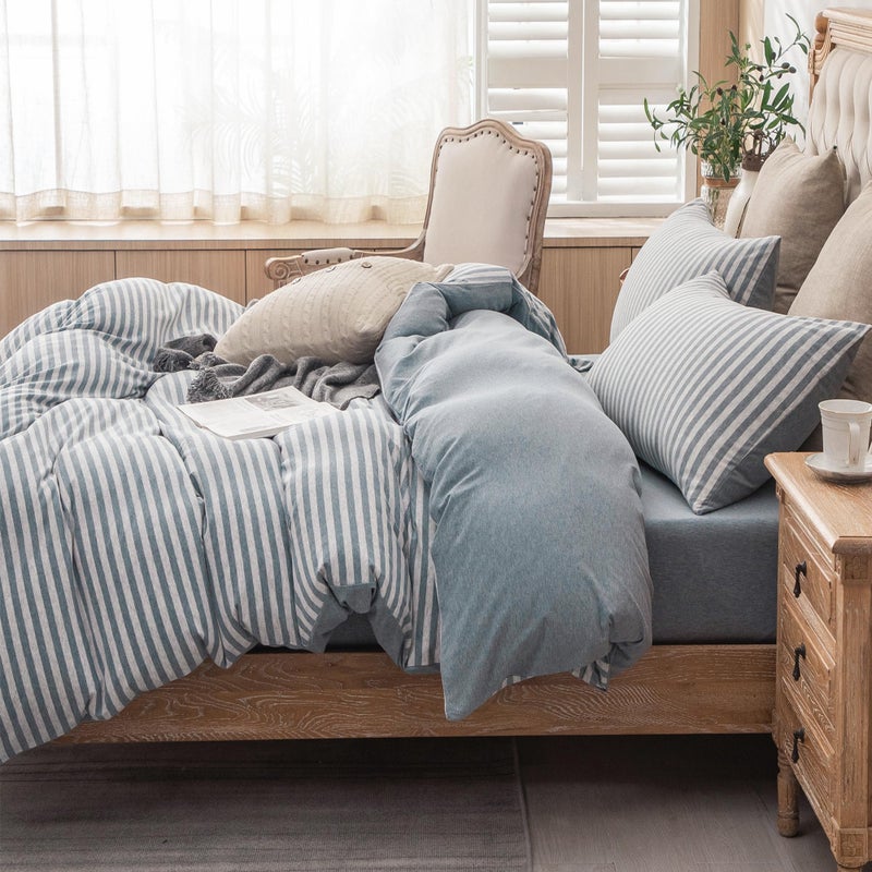 PURE ERA Jersey Knit Duvet Cover Set 100% T-Shirt Heather Cotton Super Soft Comfy Classic Striped Design, with Zipper Closure, Heather Blueish Grey Stripe, Queen - Image 2
