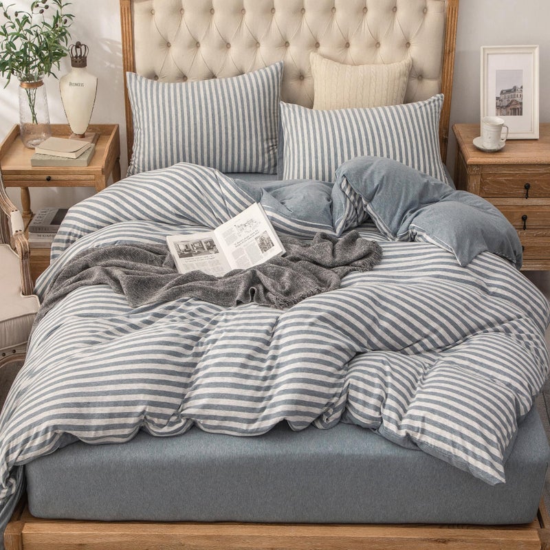 PURE ERA Jersey Knit Duvet Cover Set 100% T-Shirt Heather Cotton Super Soft Comfy Classic Striped Design, with Zipper Closure, Heather Blueish Grey Stripe, Queen - Image 3