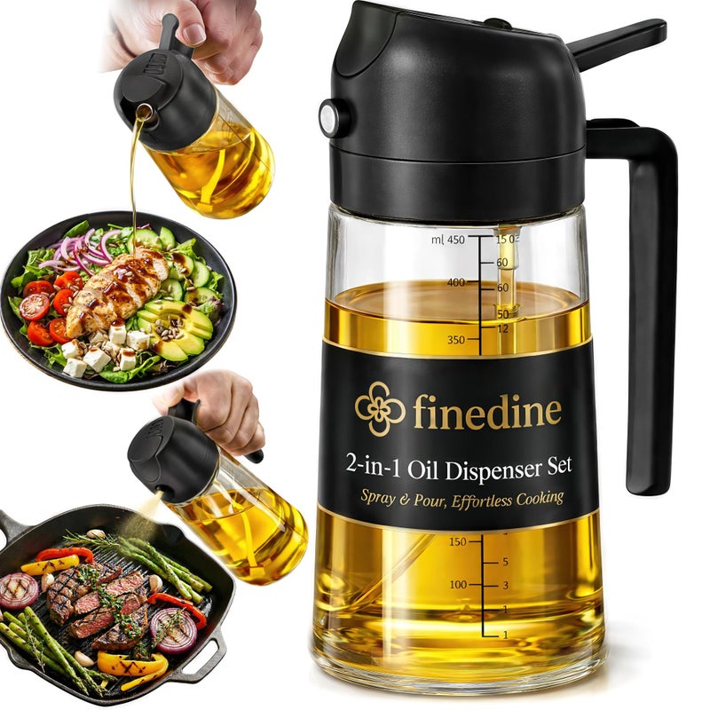 FineDine 16oz Olive Oil Sprayer for Cooking, 2 in 1 Olive Oil Dispenser Bottle for Kitchen, Air Fryer, Salad, BBQ & Baking â€“ Dual Spray Mist & Stream, with Measurement Marks, Black - Image 1